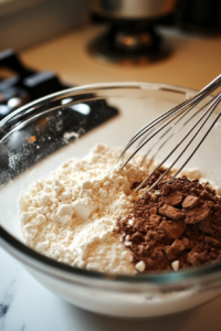 A glass mixing bowl on a white marble cooktop filled with all-purpose flour, baking powder, and salt. A whisk is blending the dry ingredients together.