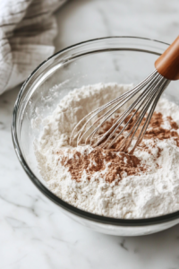 A close-up shot of a glass bowl over the white marble cooktop with flour, baking powder, cinnamon, and salt being whisked together. The dry ingredients are well combined and ready to be added to the batter.