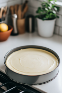 A mid-range shot of a springform pan filled with the smooth cheesecake batter. The surface is level, and it's ready to go into the oven.