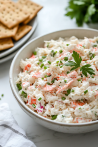Close-up of the finished crab salad in a serving bowl on the white marble cooktop, garnished and ready to be served with crackers or toast.