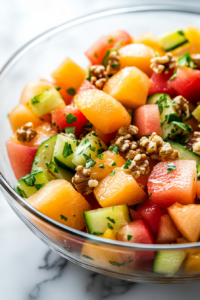 Close-up of the finished melon and citrus salad in a glass bowl on the white marble cooktop, freshly tossed and ready to be served. The fruits and walnuts are coated in the creamy dressing, creating a beautifully refreshing dish.