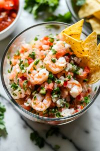 A close-up shot of the completed shrimp ceviche in a glass bowl over the white marble cooktop. The ingredients are well mixed, garnished with extra cilantro, and served with a side of tortilla chips and hot sauce.