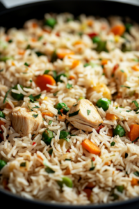 With the lid removed, a fork fluffs the perfectly cooked rice, revealing tender chicken and evenly distributed colorful vegetables. The dish is almost ready to be served, looking hearty and delicious.