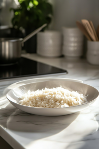 A black saucepan on a white marble cooktop, with fluffing the perfectly cooked Bomba rice. The grains appear light and ready to be served.
