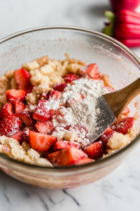 A glass mixing bowl on a white marble cooktop as the floured strawberry-rhubarb mixture is gently folded into the batter with a spatula.