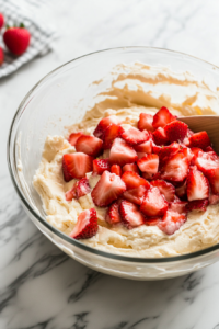 A glass mixing bowl on a white marble cooktop, with chopped fresh strawberries being gently folded into the thick batter using a rubber spatula.