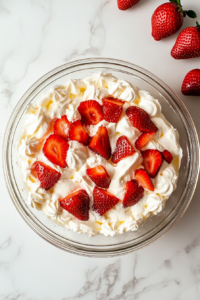 A large glass mixing bowl on a white marble countertop, as the bright strawberry puree and airy whipped cream are carefully folded into the cream cheese mixture. The filling looks light, fluffy, and beautifully pink.
