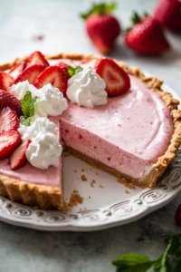 A frozen strawberry icebox pie on a decorative serving plate, garnished with dollops of whipped cream and fresh strawberry slices. A slice is cut, revealing the creamy pink filling against the golden crust. The background is softly blurred with fresh berries and mint leaves.