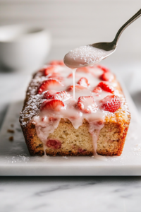 A cooled strawberry rhubarb loaf on a white marble cooktop, as a spoon drizzles a glossy powdered sugar glaze over the top. The glaze slowly sets, ready to be sliced and served.