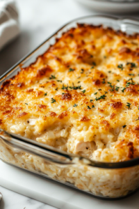The baked chicken and rice casserole fresh out of the oven, golden and bubbling. The rice is tender, and the creamy sauce has thickened perfectly. The dish rests on a trivet on the white marble cooktop.