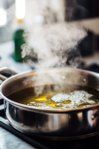 Close-up of bubbling hot oil inside a deep fryer on the white marble cooktop. The golden crust is forming as steam rises.