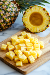 A fresh pineapple sliced in half on a white marble cooktop, with one half being hollowed out using a spoon to create a bowl. The golden pineapple flesh is being chopped into small chunks on a wooden cutting board beside it.