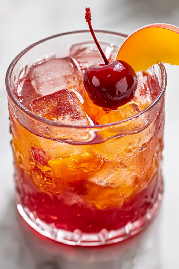Close-up of a chilled glass of fruit kompot on a rustic wooden table, garnished with a fresh cherry and a slice of apricot. Ice cubes float in the ruby-red drink, making it the perfect summer refreshment.