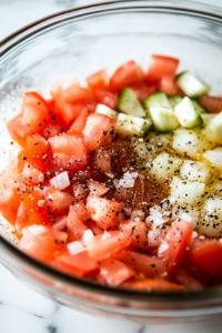 Lemon juice being drizzled over chopped vegetables in a glass mixing bowl on the white marble cooktop, with salt and black pepper being sprinkled in.