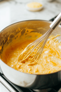 Close-up of a stainless steel saucepan on a white marble cooktop as American cheese, blue cheese, and cheddar cheese are added. The cheeses melt smoothly while being whisked.