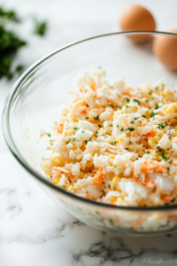 Close-up of the glass mixing bowl on the white marble cooktop, now containing chopped crab meat, eggs, onion, and well-drained corn, ready to be mixed.