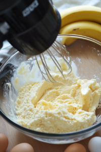 A glass mixing bowl with butter-flavored shortening and sugar being creamed together with an electric mixer. The mixture looks light and fluffy, ready for the next ingredients. A peeled banana and eggs sit nearby, ready to be added.