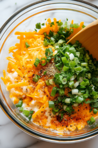 A close-up shot of the same glass mixing bowl over the white marble cooktop, now with sharp cheddar cheese, chopped green onions, Worcestershire sauce, hot pepper sauce, dried parsley, garlic powder, oregano, and black pepper being mixed in. A rubber spatula folds the ingredients together.
