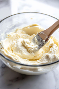 A close-up shot of a glass mixing bowl on the white marble cooktop, filled with softened cream cheese and mayonnaise. A rubber spatula is blending the mixture into a smooth and creamy consistency.