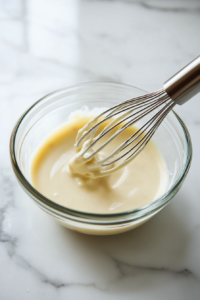 Close-up of a small glass mixing bowl on the white marble cooktop with plain yogurt, lemon juice, orange juice, catsup, and evaporated milk. A whisk is mid-motion, blending the ingredients into a creamy, smooth dressing.