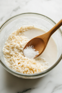 A glass mixing bowl on the white marble cooktop filled with milk, uncooked white rice, condensed cream of chicken soup, and seasoned salt. A wooden spoon stirs the creamy mixture, ensuring everything is well combined.