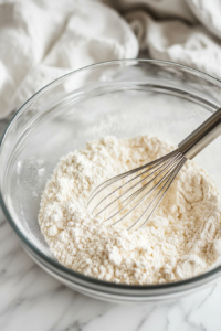 Close-up of a large glass mixing bowl on the white marble cooktop, filled with flour, cornstarch, sugar, salt, baking powder, baking soda, onion salt, paprika, and black pepper. A whisk is resting inside, ready to mix.