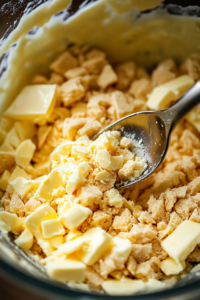 An overhead shot of a mixing bowl filled with crushed graham crackers and melted butter. A spoon is stirring the mixture, creating a golden, crumbly texture.