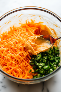 A mixing bowl filled with vibrant orange shredded sharp cheddar cheese, creamy avocado mayo, chopped red pimentos, and jalapeños. A spoon is stirring the ingredients into a smooth, chunky pimento cheese spread, ready to add a rich and tangy flavor to the sandwich.