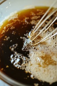 A glass mixing bowl on the white marble cooktop, filled with coconut aminos, golden monk fruit, pineapple juice, minced garlic, ginger, sesame oil, and almond flour mixed with water. A whisk stirs the glossy teriyaki sauce until smooth.