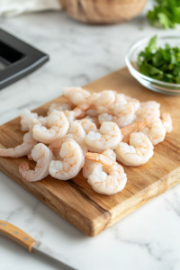 A close-up shot of raw shrimp being peeled and deveined on a wooden cutting board over the white marble cooktop. The shells are neatly set aside in a glass bowl, ready for boiling. A small paring knife rests nearby.