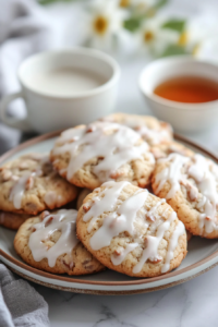 A plate of banana cookies with vanilla glaze, beautifully arranged with a bite taken from one cookie to reveal its soft, moist texture. A small dish of extra glaze and a cup of tea sit in the background.