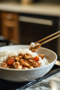 Final plated dish: a bowl of black pepper chicken stir-fry, garnished with extra black pepper, with a side of steamed white rice. A pair of chopsticks lifts a bite-sized piece of chicken, capturing its glistening, flavorful coating.
