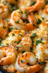 A close-up shot of a serving platter with cheesy baked shrimp, fresh out of the oven. The melted cheese is slightly golden, and finely chopped parsley is sprinkled on top for garnish.