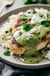 A plated dish featuring the chicken smothered in poblano cream sauce, served over fluffy rice pilaf, garnished with fresh cilantro. The rich green sauce drapes over the tender chicken, creating a visually stunning dish.
