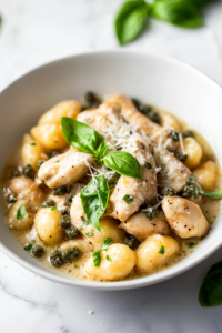 The final plated dish on the white marble cooktop: a rustic white bowl filled with creamy lemon caper chicken piccata with gnocchi. Fresh basil leaves and extra parmesan shavings garnish the top. A fork rests on the side, ready for a delicious bite.