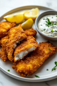 Close-up of a plate of crispy fried fish served with tartar sauce and lemon wedges on the white marble cooktop. A side of malt vinegar and fries is visible in the background.
