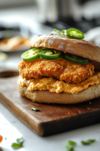The final plated sandwich: A whole wheat bun stacked with crispy chicken, melty pimento cheese, pickled jalapeños, and a drizzle of golden honey. The sandwich sits on a white plate, accompanied by Baked Apple Fritters or Fluffy Buttermilk Pancakes in the background, making for a delicious and visually appealing meal.