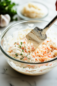 Close-up of the creamy dressing being poured into the glass mixing bowl on the white marble cooktop, covering the crab mixture as a spatula prepares to mix everything together.