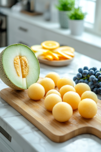 Close-up of a wooden cutting board on the white marble cooktop with a halved honeydew melon, a metal melon baller scooping out perfect round melon balls, and orange slices neatly arranged. Blue grapes sit nearby, waiting to be halved.