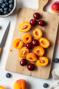Close-up of a wooden cutting board on a white kitchen counter, with vibrant apricots halved and pitted, juicy cherries with their pits removed, and fresh blueberries scattered around. A sharp knife and a small bowl for discarded pits sit nearby.