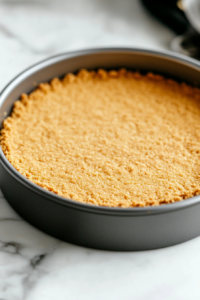 A close-up shot of a 9-inch springform pan with the graham cracker crust pressed firmly into the base. The crust looks evenly packed and ready for the filling.