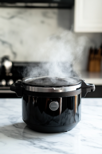 The black Instant Pot on a white marble cooktop displays a timer set to 25 minutes. Steam begins to release, and a small amount of condensation forms around the lid as the natural pressure release process begins.