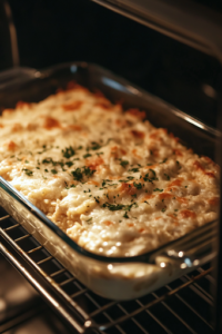The oven door opens to reveal the glass baking dish inside. Tongs carefully remove the aluminum foil, allowing the casserole to continue baking uncovered.