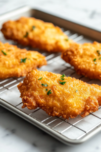 Close-up of freshly fried golden fish fillets resting on a wire rack over a baking sheet on the white marble cooktop. The crispy coating glistens under the light.
