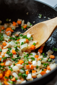 The same black skillet now contains sliced onions, finely chopped garlic, and thinly sliced carrots. A wooden spoon stirs the aromatic mixture as the vegetables soften, releasing their flavors into the sizzling chicken.