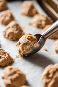 A cookie scoop dropping tablespoon-sized portions of banana cookie dough onto a parchment-lined baking sheet. The dough looks soft and slightly sticky, with an even spacing between each scoop.