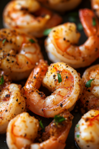 A close-up shot of shrimp being sprinkled with garlic powder and freshly ground black pepper. The seasonings create a flavorful contrast against the pale pink shrimp.