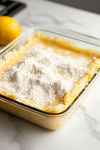 A close-up shot of a glass baking dish on the white marble cooktop, as the remaining dry lemon cake mix is sprinkled over the cream cheese layer, ensuring full coverage. A measuring cup with cake mix sits beside the dish.