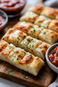 A close-up shot of warm, cheesy breadsticks cut into 8 pieces on a wooden board over the white marble cooktop. A small bowl of marinara sauce sits beside them for dipping, with a bite taken out of one breadstick.