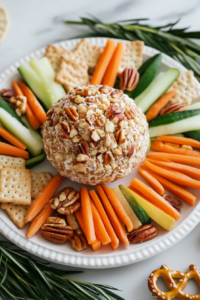 A close-up shot of the chilled cheese ball sitting on a serving plate over the white marble cooktop, surrounded by crackers, pretzels, and fresh veggies. A spreader knife rests beside it, ready for serving.